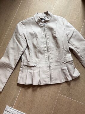 Women's Light Beige Faux Leather Peplum Zip Jacket